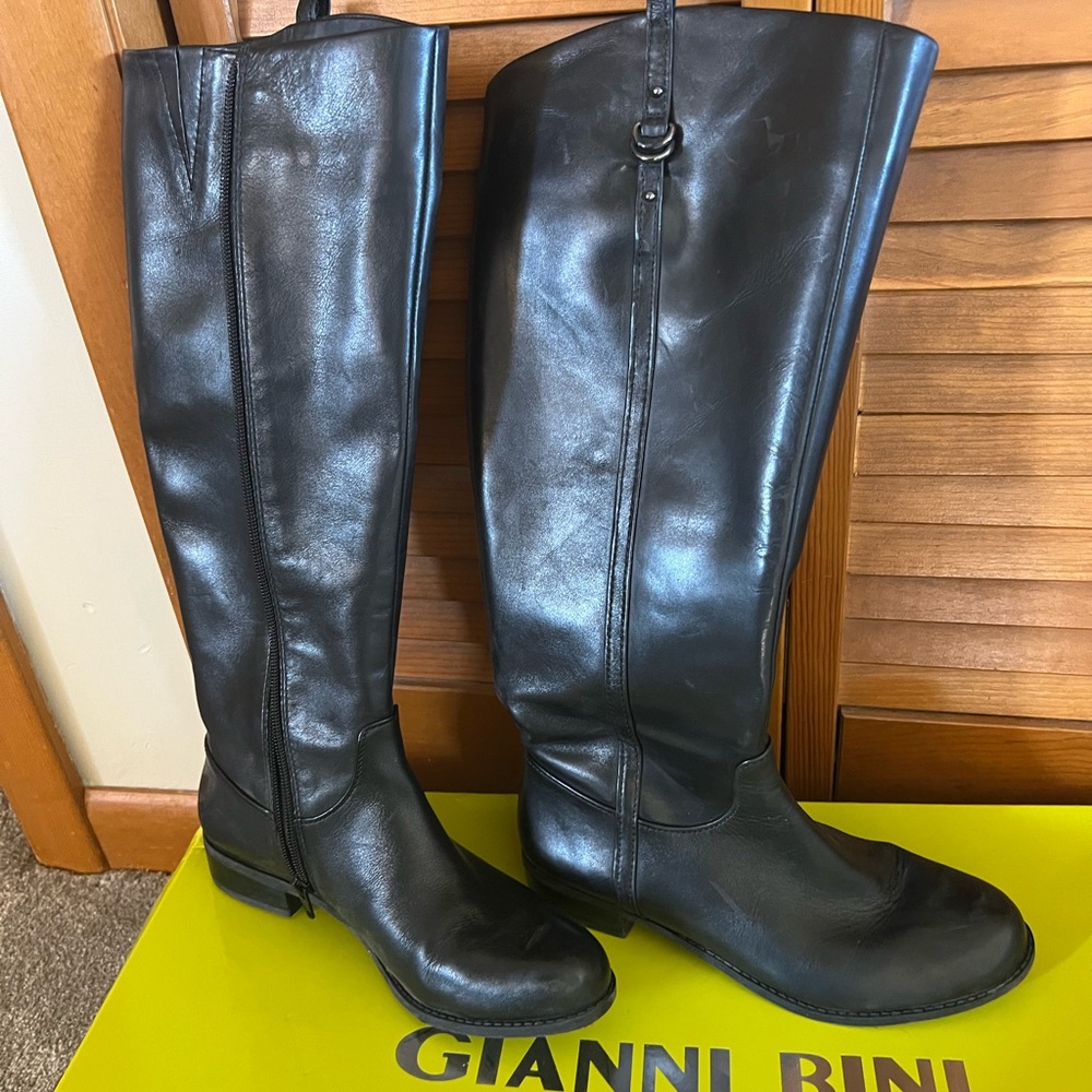 Black leather short heeled boots.